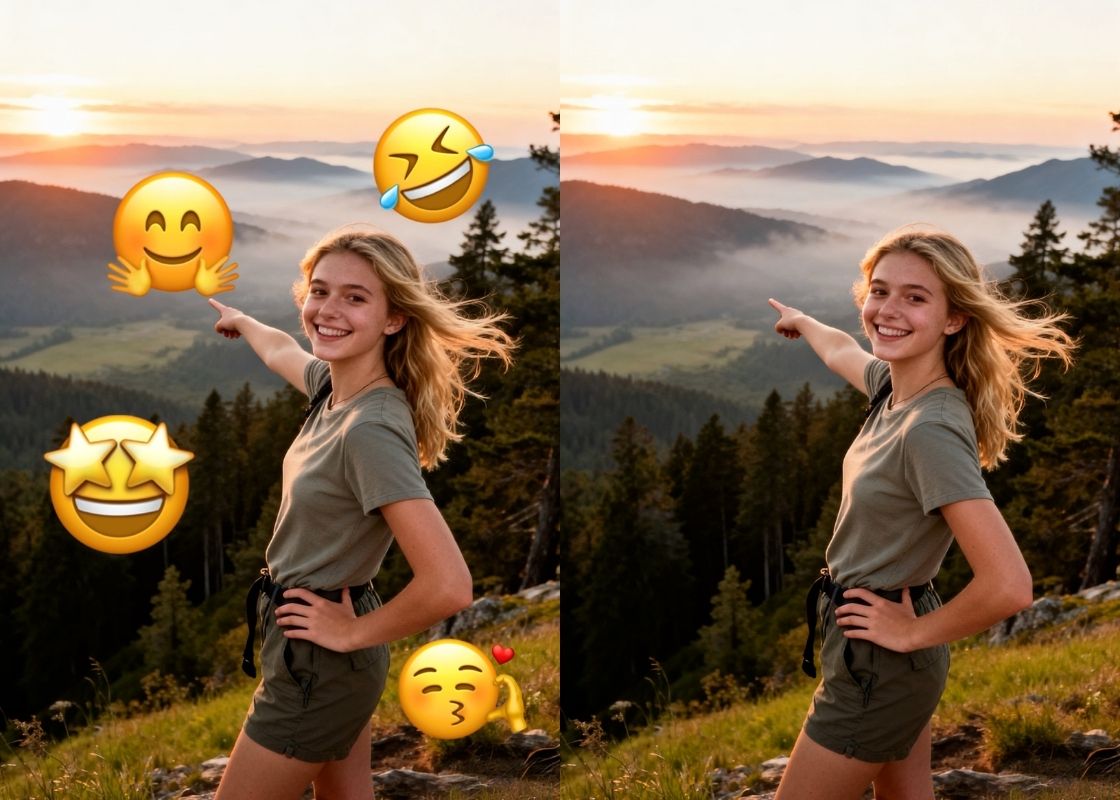 Mountain portrait before and after removing several emoji overlays